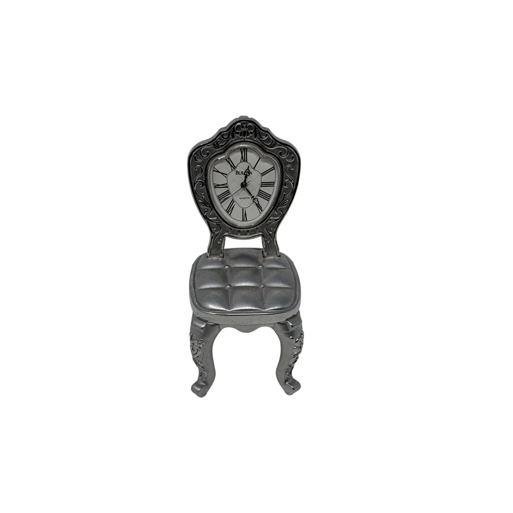 Bulova Miniature Chair Clock Silver Tone Metal Quartz Vintage Collectible Decor